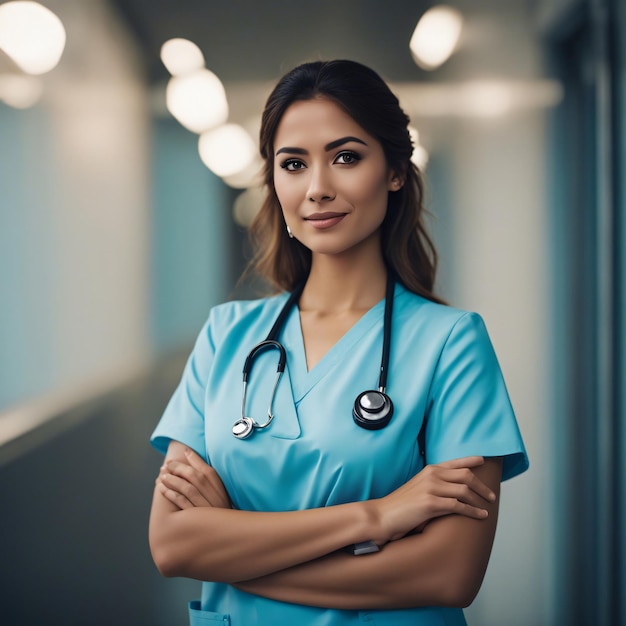 Beautiful Latin nurse portrait with crossed arms blue background