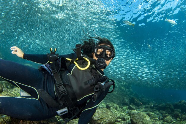 Beautiful latina mexican girl diving in cortez sea