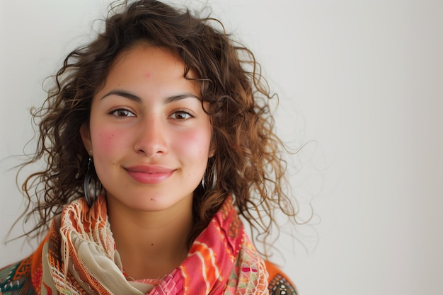 Photo beautiful latina young woman with curly hair and scarf