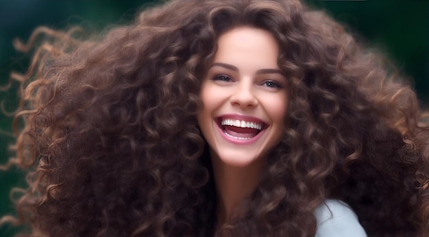 Beautiful laughing brunette model girl with long curly hair Smiling woman hairstyle wavy curls AI Generative