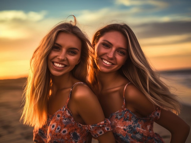 Beautiful laughing and smiling girls on the beach during vacation