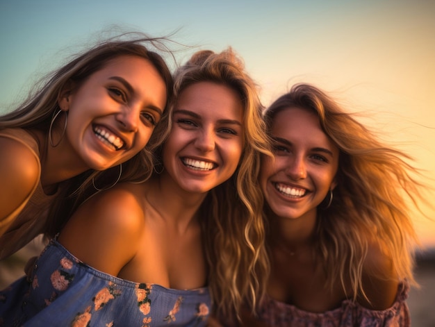 Beautiful laughing and smiling girls on the beach during vacation