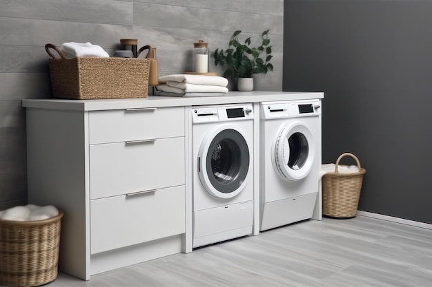 Beautiful laundry room design with modern washer and dryer set