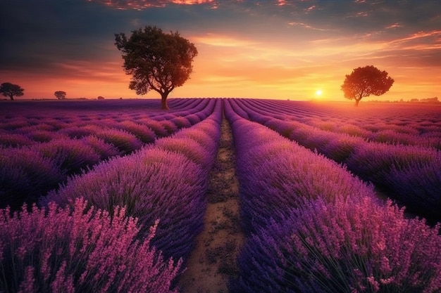 Beautiful lavender field at sunset