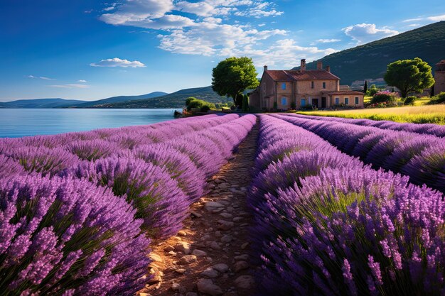 Foto bellissimo campo di lavanda con lunghe file viola ai generativa