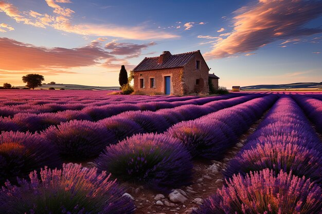 Photo beautiful lavender field with long purple rows generative ai