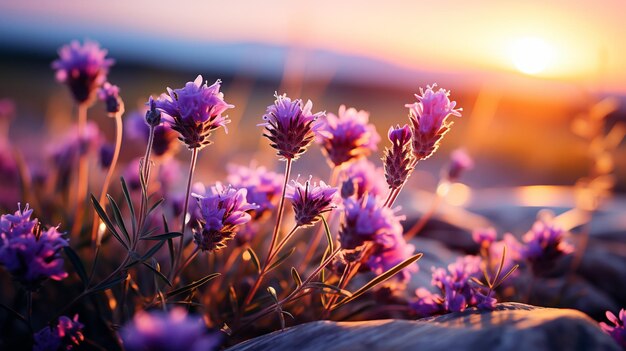 日の出に紫の花が咲く美しいラベンダー畑