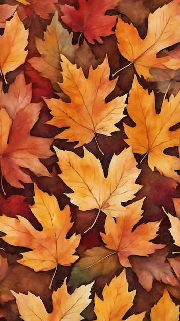 Beautiful leaf watercolor background in brown autumn season