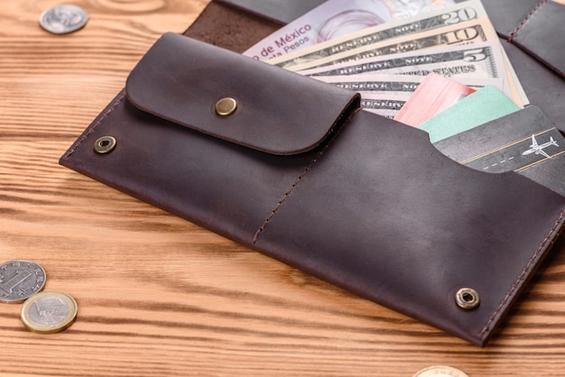 Beautiful leather brown purse made of leather to store paper money