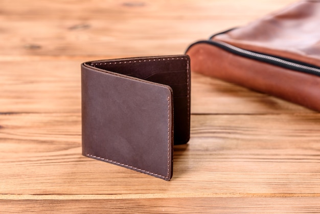 Beautiful leather brown purse made of leather to store paper money