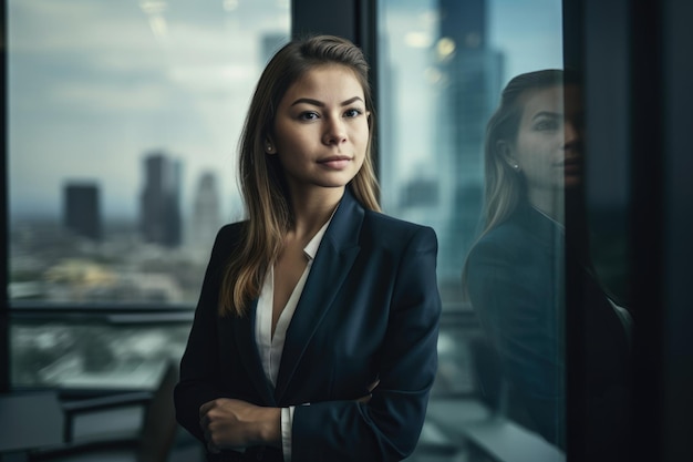 Beautiful legal secretary standing in front of a glass window holding a pen and a legal document