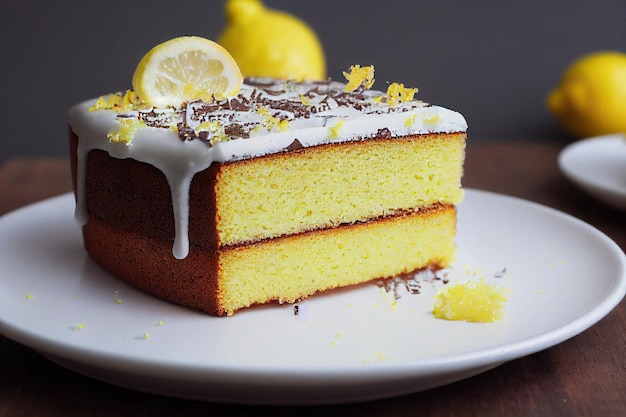 Beautiful lemon cake in section with pieces of citrus and icing on plate