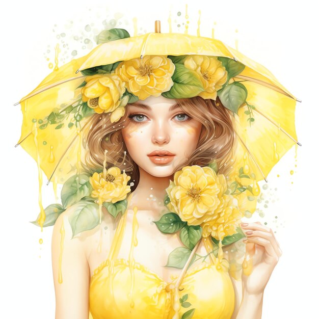 Beautiful lemon yellow girl under an umbrella painted with flowers clipart illustration