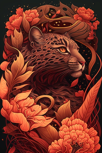 Beautiful leopard with flowers Generative AI for your design