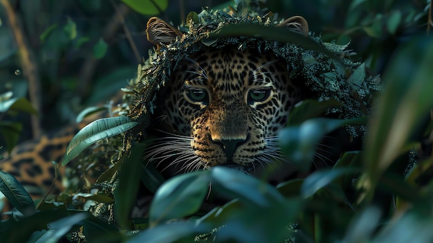 Photo a beautiful leopardess with intense green eyes peers out from behind a lush green foliage