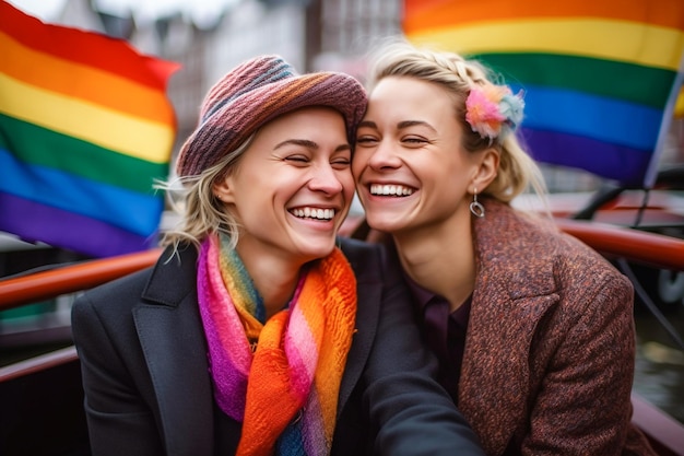 Beautiful lesbian couple in a boat in Amsterdam celebrating lgbtq pride with rainbow flag patterns