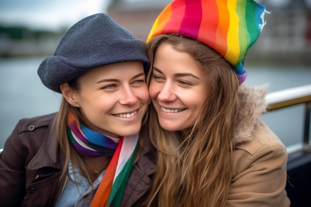 Foto bella coppia lesbica in barca ad amsterdam che celebra l'orgoglio lgbtq con motivi a bandiera arcobaleno