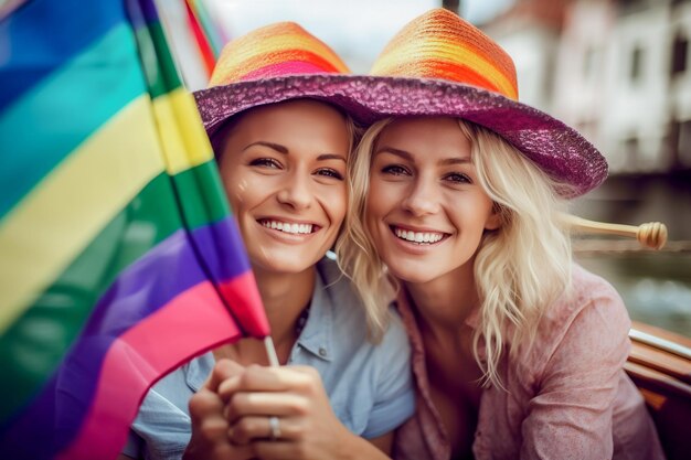 Beautiful lesbian couple in a boat in Amsterdam celebrating lgbtq pride with rainbow flag patterns