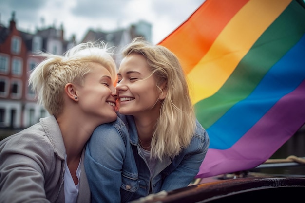 アムステルダムのボートに乗って虹色の旗模様で lgbtq のプライドを祝う美しいレズビアンのカップル