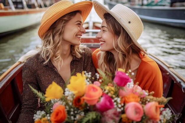 Beautiful lesbian couple in a boat in Amsterdam celebrating lgbtq pride with rainbow flag patterns