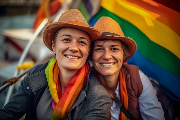 Beautiful lesbian couple in a boat in Amsterdam celebrating lgbtq pride with rainbow flag patterns