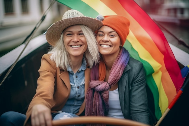 Beautiful lesbian couple in a boat in Amsterdam celebrating lgbtq pride with rainbow flag patterns