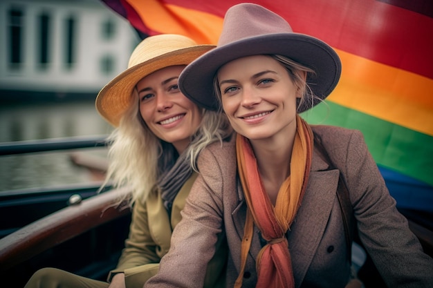 Beautiful lesbian couple in a boat in Amsterdam celebrating lgbtq pride with rainbow flag patterns