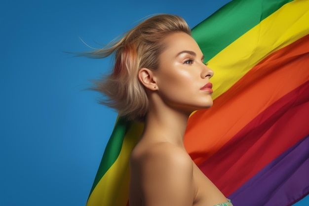 A beautiful lesbian model with rainbow colors flag lgbtq pride month wallpaper background