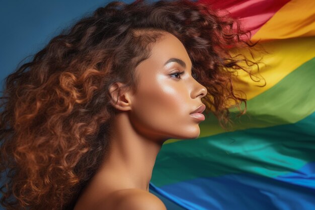 Photo a beautiful lesbian model with rainbow colors flag lgbtq pride month wallpaper background