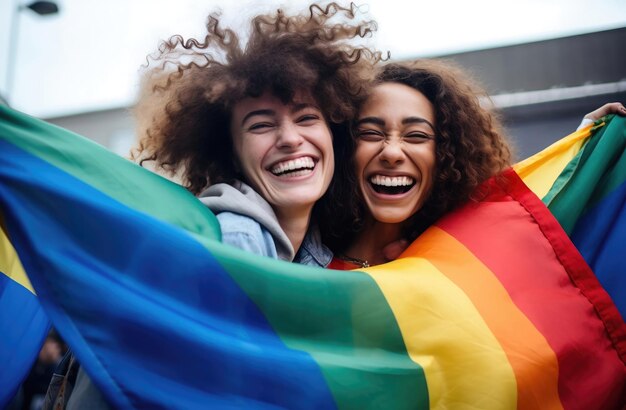 Photo a beautiful lesbian young couple embraces and holds a rainbow flag pride parade for equality