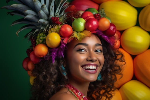 サンバ スタイルの虹色の旗パターンを持つ美しい LGBTQ 女性 ブラジルのプライドの日と月
