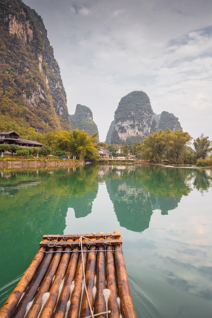 Beautiful li river bamboo side karst mountain landscape in yangshuo china