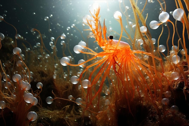 The Beautiful Life Orange Skeleton Shrimp and Their Eggs Flourish on Hydroid in Tulamben Indonesia