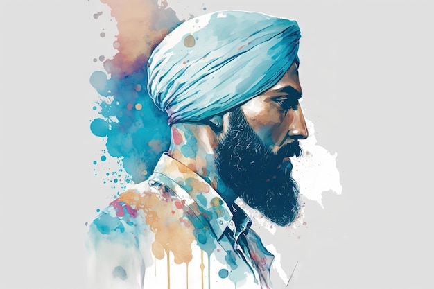 Beautiful light blue Sikh punjabi man watercolor