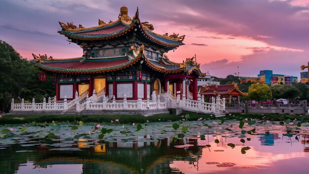 Beautiful light decorative pagoda at lotus pond in kaohsiung city of taiwan