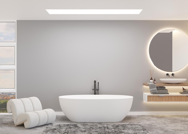 Bellissimo bagno luminoso e moderno grande finestra e vista sulla città vasca da bagno poltrona lavabo interni per la casa in stile contemporaneo design del bagno di lusso progetto di interior design hotel 3d render