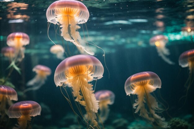 Beautiful light reflection on jellyfish in the aquarium ar c