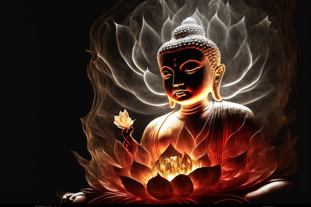 Beautiful light spectrum buddha39s light flashing bright red\
yellow lotus flower burning cloudlike petals surrounded by magic\
chaos light white smoke falling reflected light water pattern