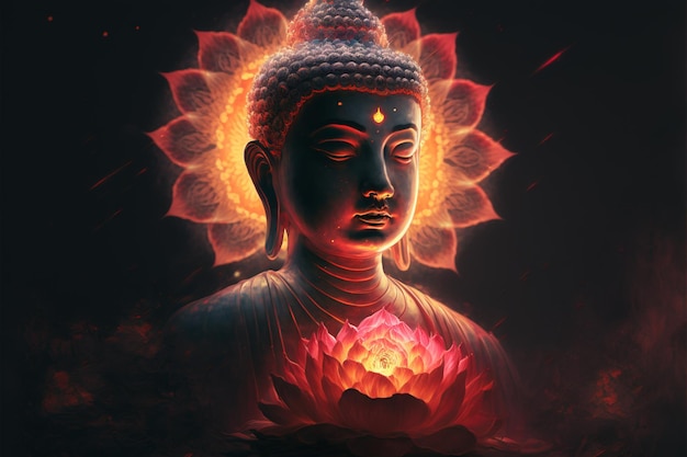 Beautiful light spectrum Buddha39s light flashing Bright red yellow lotus flower burning cloudlike petals surrounded by magic chaos light white smoke falling reflected light water pattern