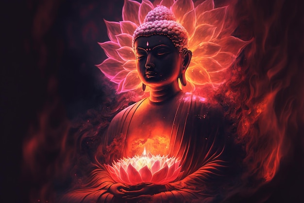 Beautiful light spectrum buddha39s light flashing bright red\
yellow lotus flower burning cloudlike petals surrounded by magic\
chaos light white smoke falling reflected light water pattern