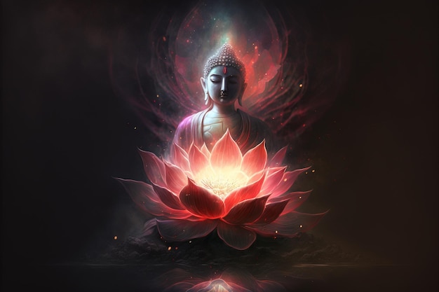 Beautiful light spectrum Buddha39s light flashing Bright red yellow lotus flower burning cloudlike petals surrounded by magic chaos light white smoke falling reflected light water pattern