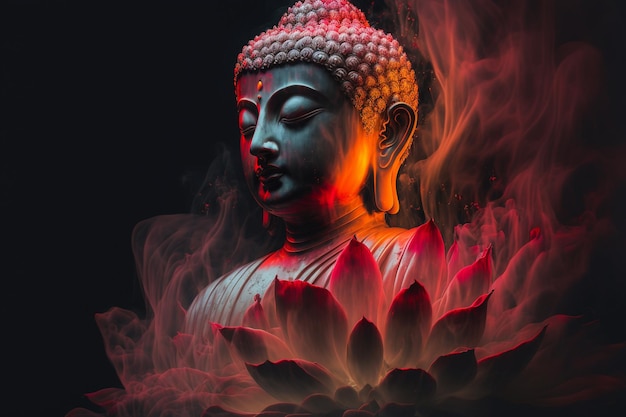 Beautiful light spectrum buddha39s light flashing bright red\
yellow lotus flower burning cloudlike petals surrounded by magic\
chaos light white smoke falling reflected light water pattern