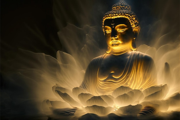 Beautiful light spectrum buddha39s light flashing bright red\
yellow lotus flower burning cloudlike petals surrounded by magic\
chaos light white smoke falling reflected light water pattern