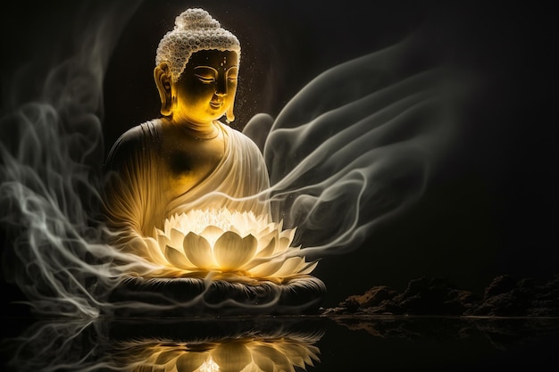 Beautiful light spectrum buddha39s light flashing bright red\
yellow lotus flower burning cloudlike petals surrounded by magic\
chaos light white smoke falling reflected light water pattern