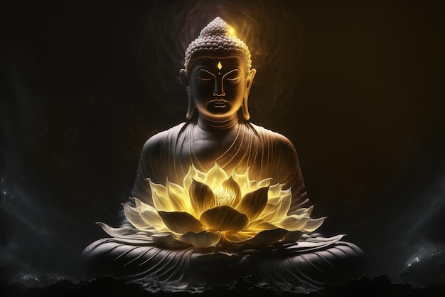 Beautiful light spectrum Buddha39s light flashing Bright red yellow lotus flower burning cloudlike petals surrounded by magic chaos light white smoke falling reflected light water pattern