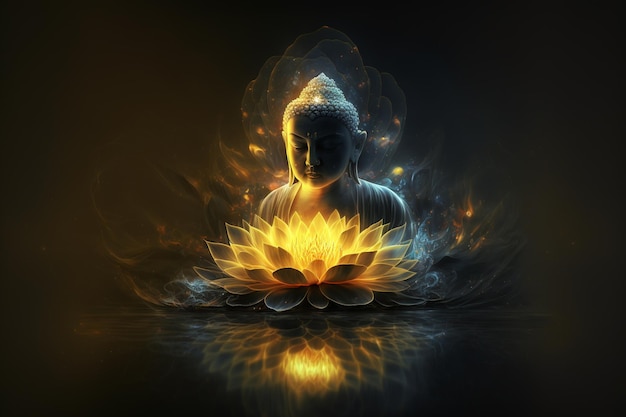 beautiful light spectrum buddha39s light flashing bright red yellow lotus flower burning cloudlike petals surrounded by magic chaos light white smoke falling reflected light water pattern