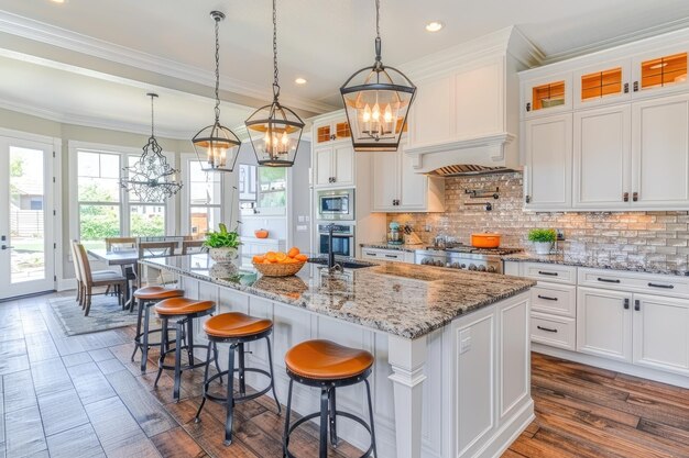 Photo beautiful light white kitchen with golden details and granite countertop