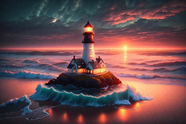 Beautiful lighthouse adorned nighttime seascape with a gloomy sky at sunset