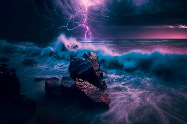 Beautiful lightning storm in the ocean Generative AI