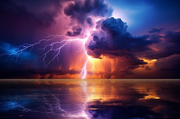 A beautiful lightning storm over the ocean